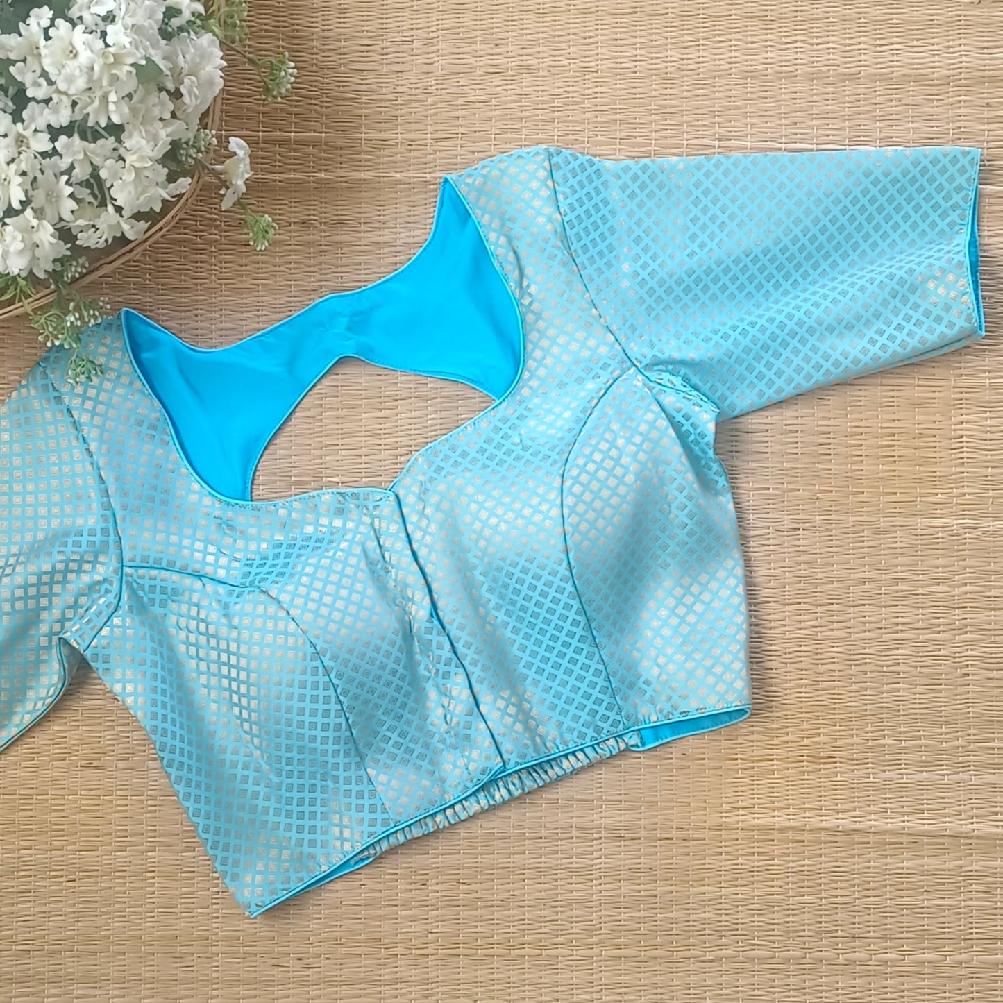Pastel Blue Back Elastic Brocade Blouse