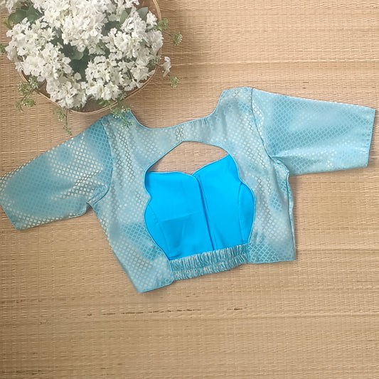 Pastel Blue Back Elastic Brocade Blouse