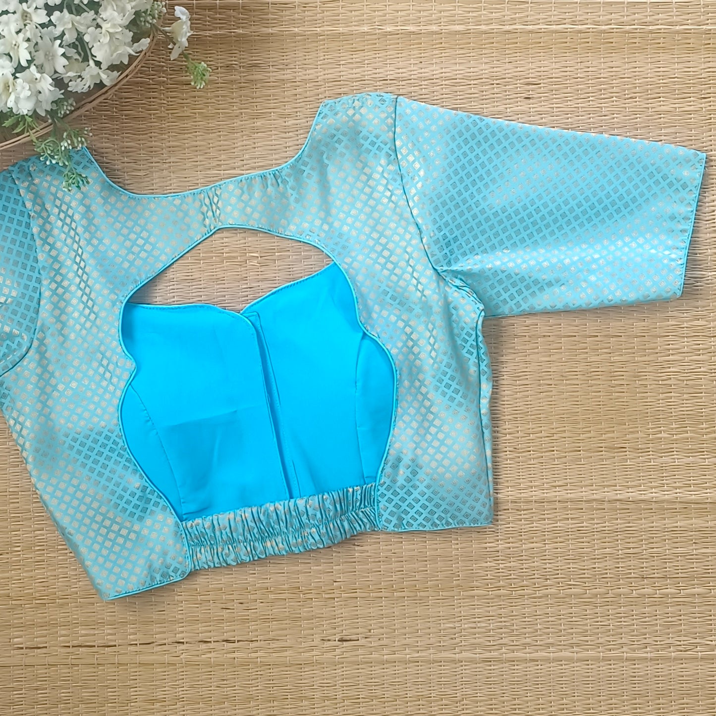 Pastel Blue Back Elastic Brocade Blouse