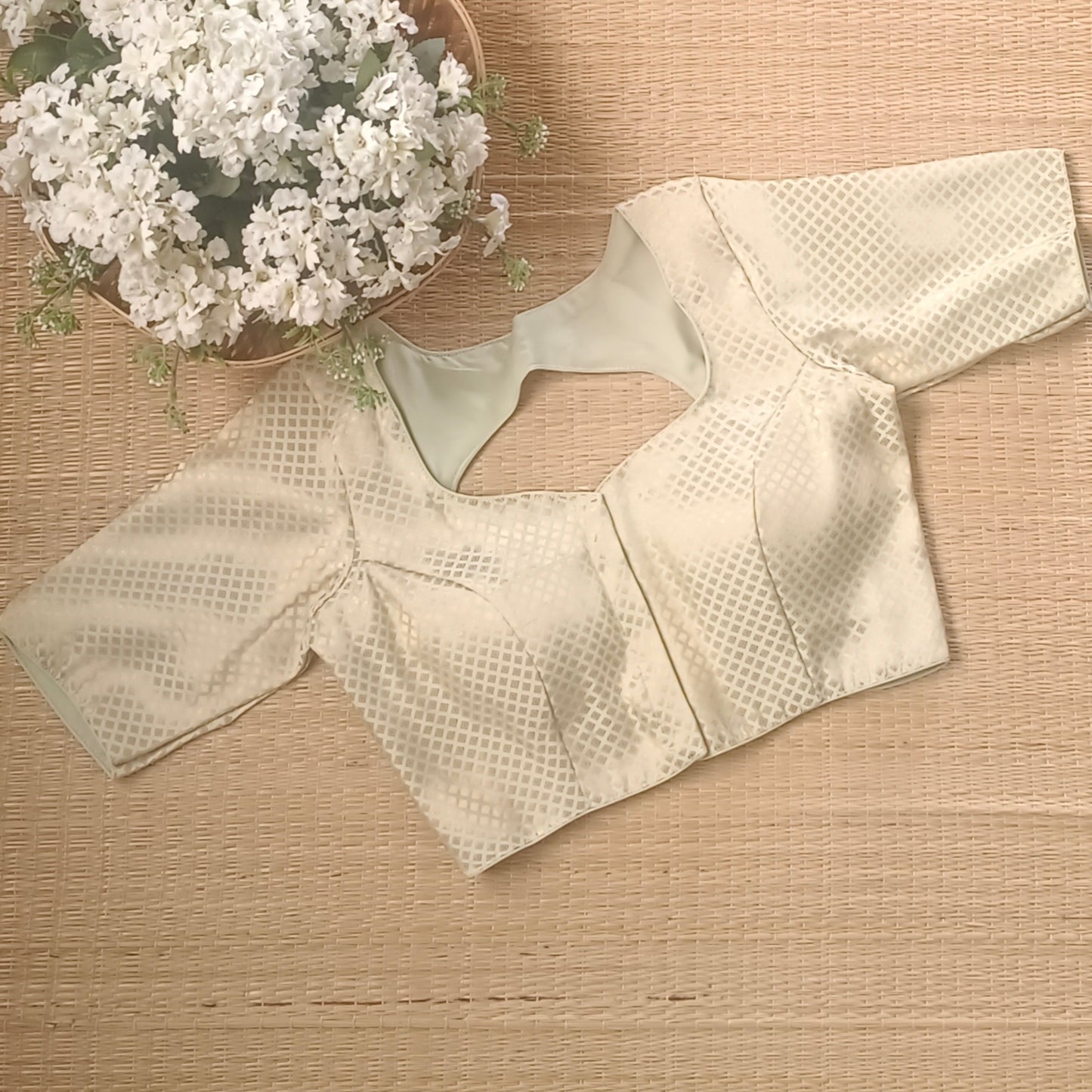 Pastel Pista Green Back Elastic Brocade Blouse