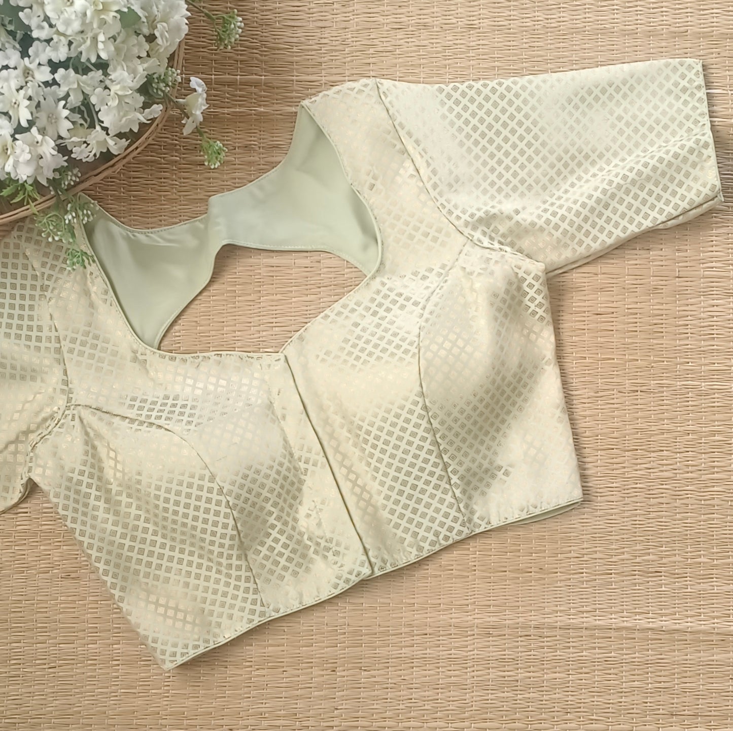 Pastel Pista Green Back Elastic Brocade Blouse