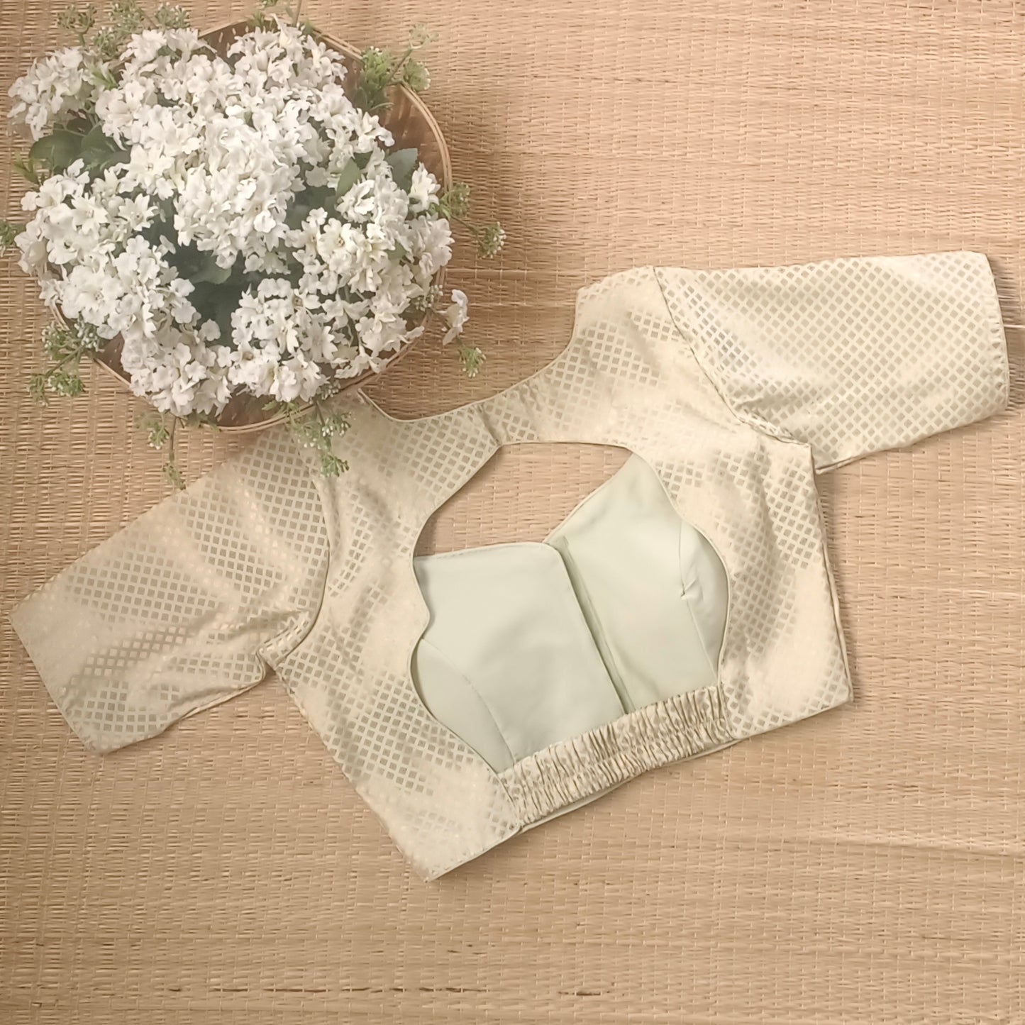 Pastel Pista Green Back Elastic Brocade Blouse