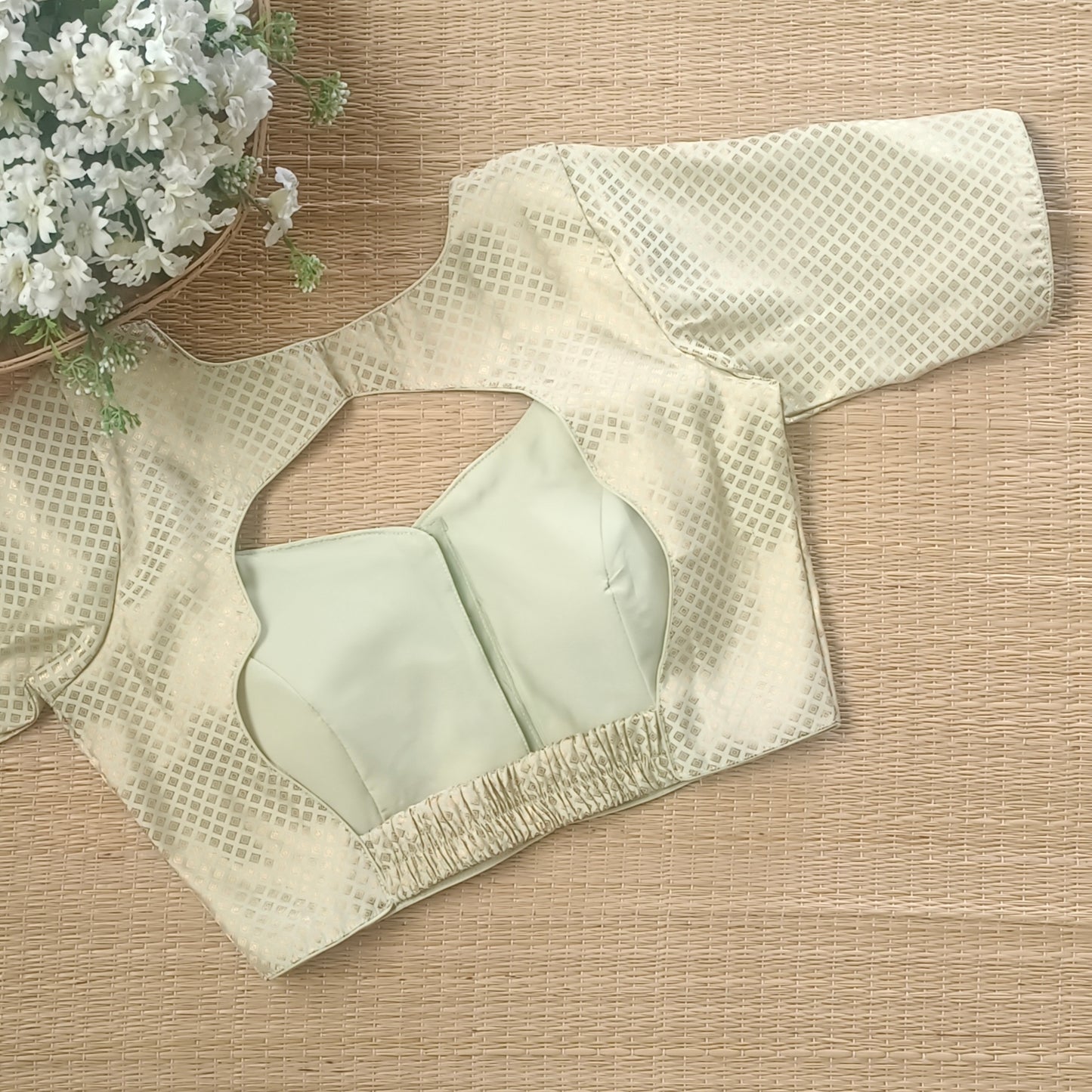 Pastel Pista Green Back Elastic Brocade Blouse
