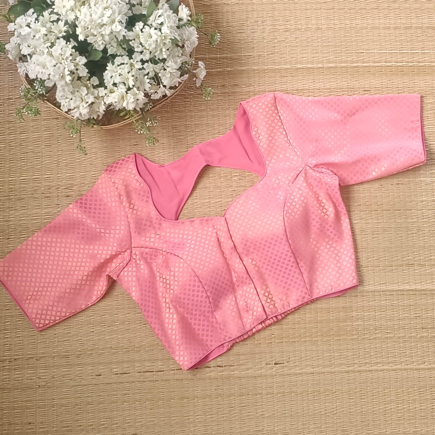 Pink Back Elastic Brocade Blouse