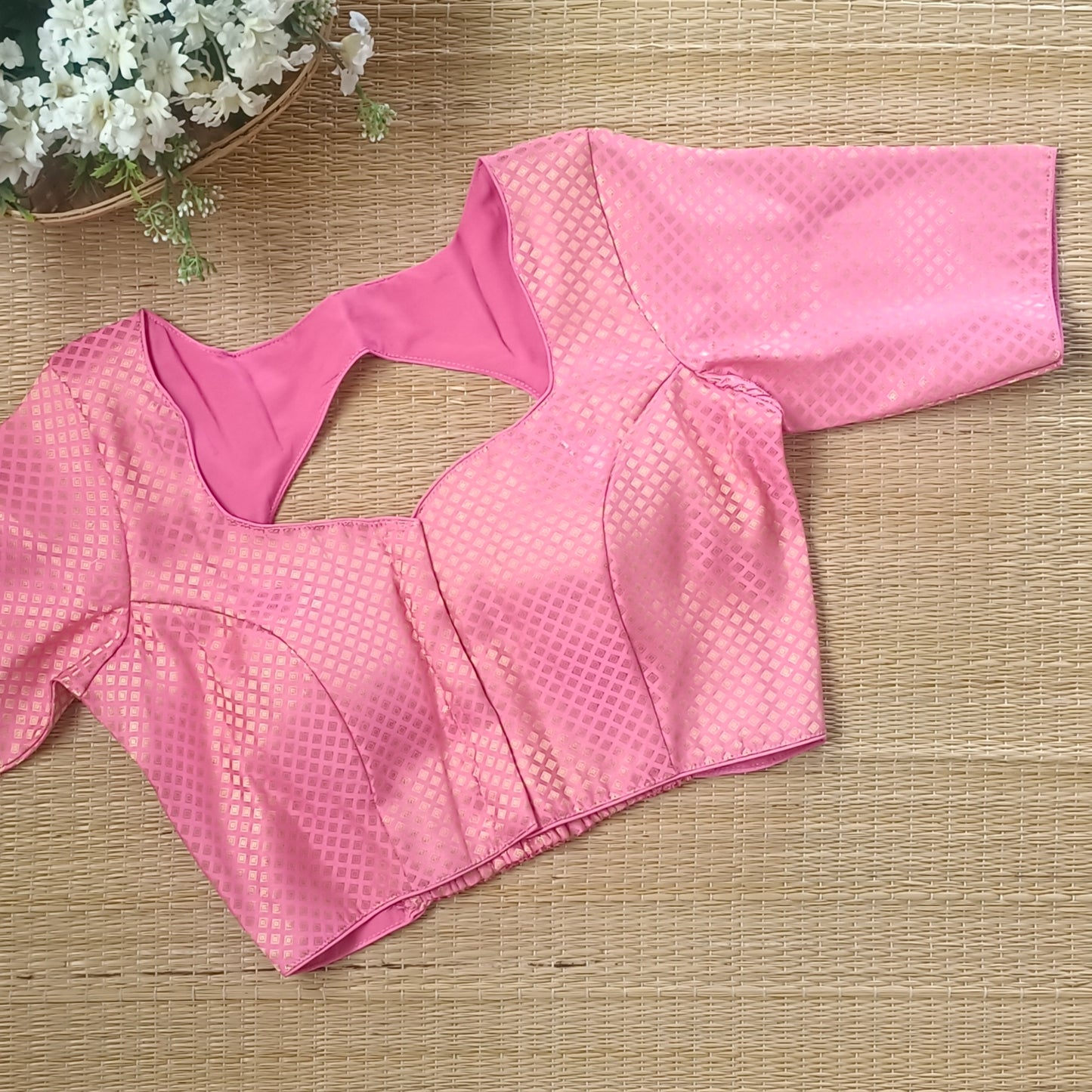 Pink Back Elastic Brocade Blouse