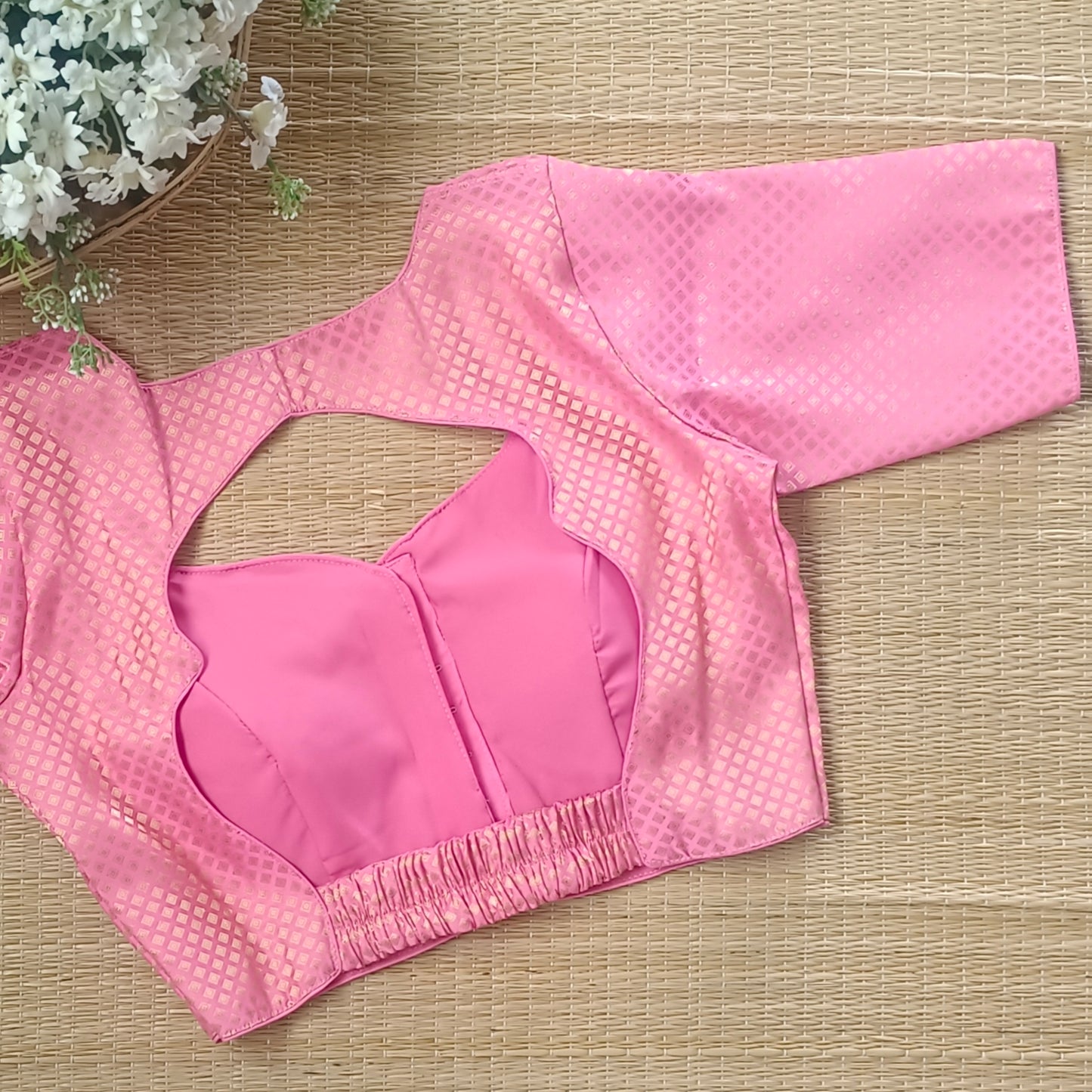 Pink Back Elastic Brocade Blouse