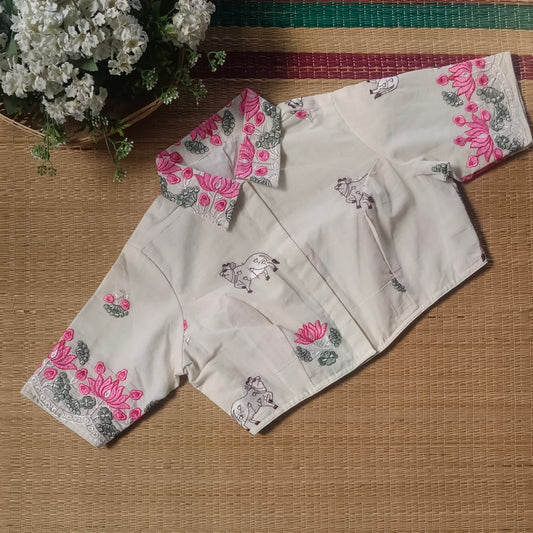 Off White Cotton Pitchwai Embroidery Blouse Collar Neck Blouse