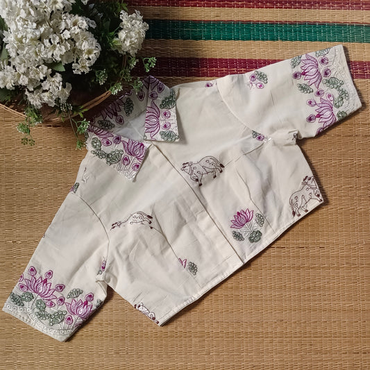 Off White Cotton Pitchwai Embroidery Blouse Collar Neck Blouse