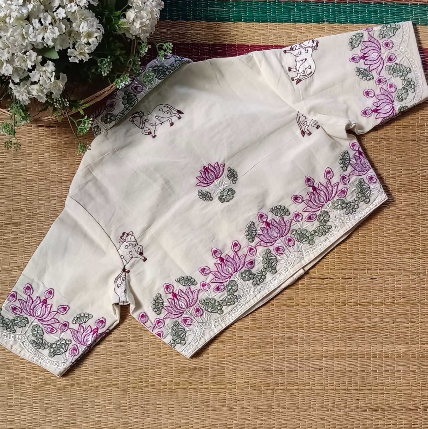 Off White Cotton Pitchwai Embroidery Blouse Collar Neck Blouse