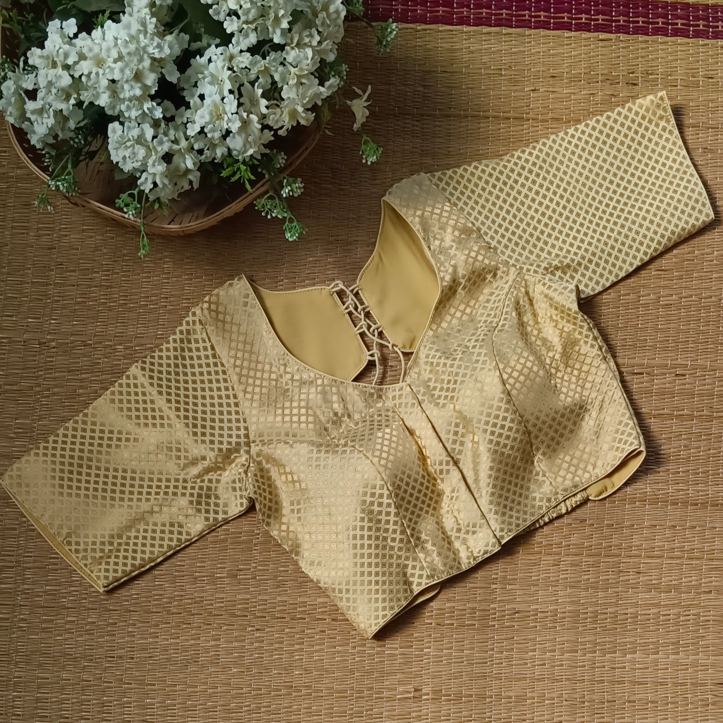 Pastel Yellow Back Elastic Brocade Blouse (Copy)