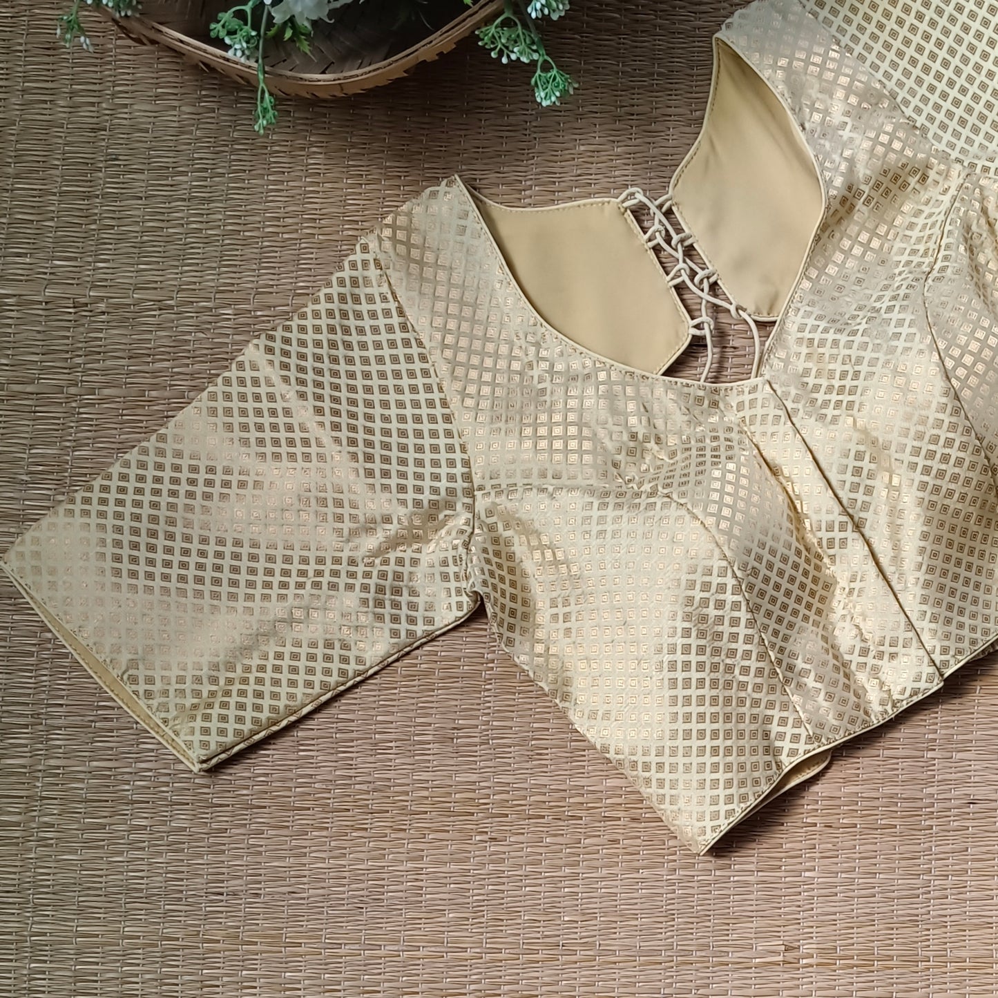 Pastel Yellow Back Elastic Brocade Blouse (Copy)