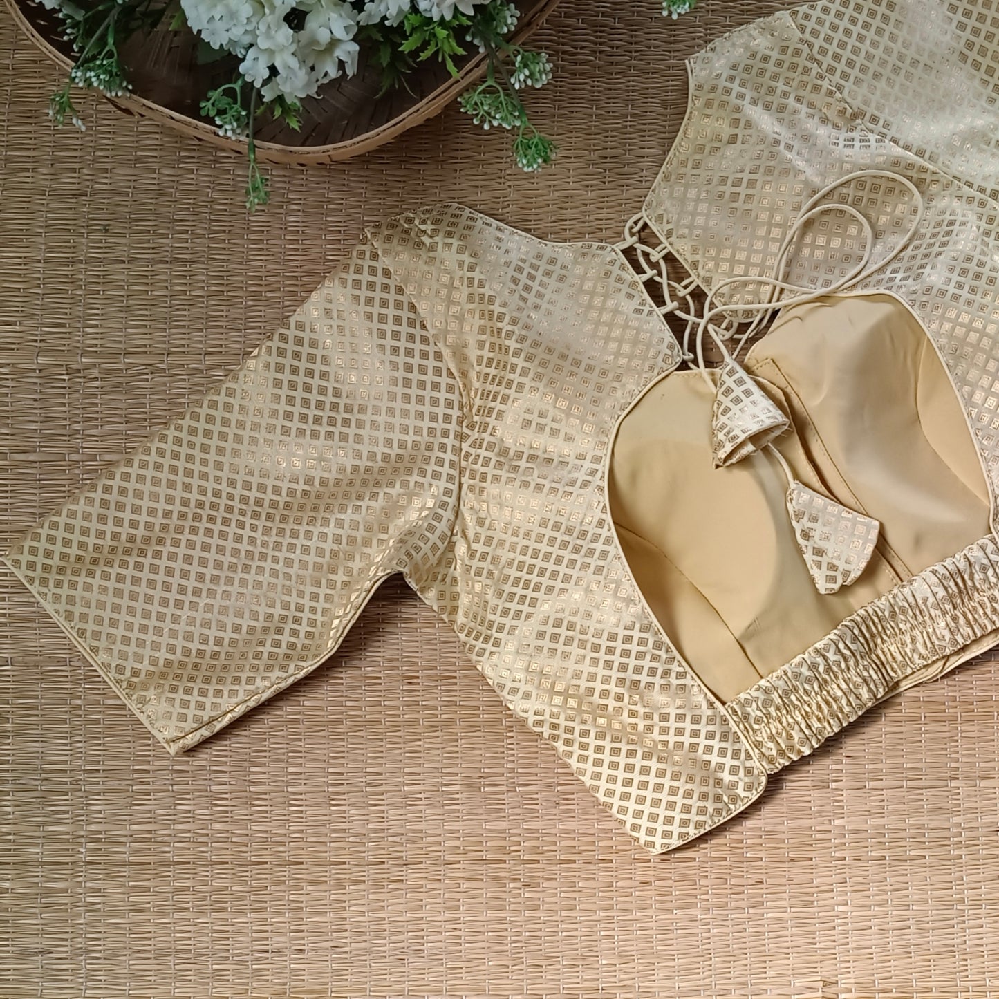 Pastel Yellow Back Elastic Brocade Blouse (Copy)