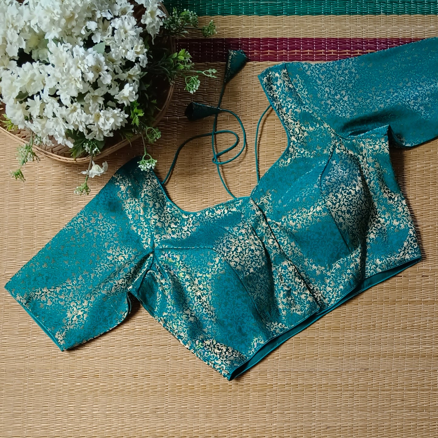 Rama Green Sweetheart Neck Brocade Blouse