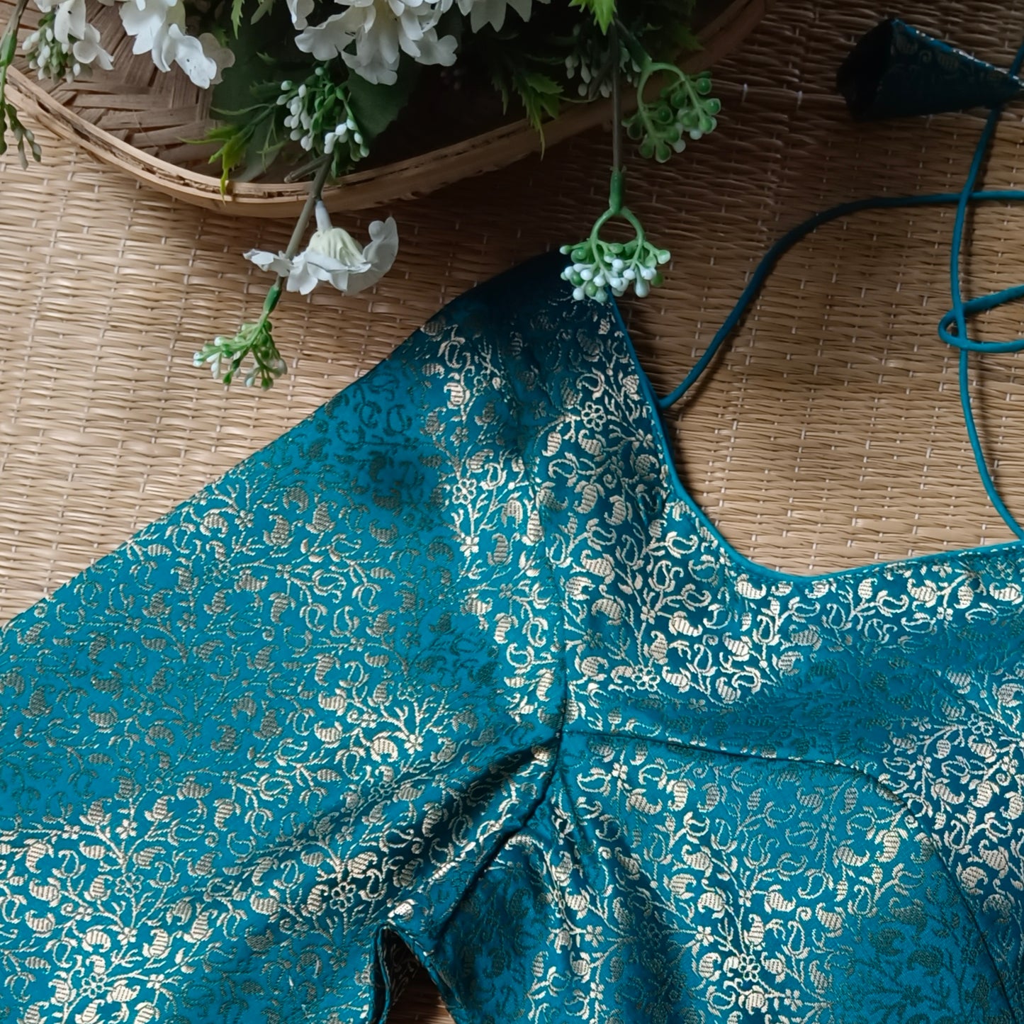 Rama Green Sweetheart Neck Brocade Blouse
