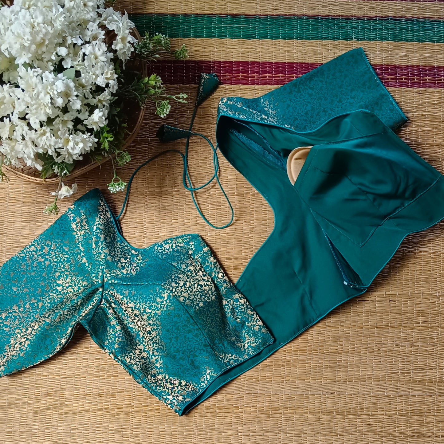 Rama Green Sweetheart Neck Brocade Blouse