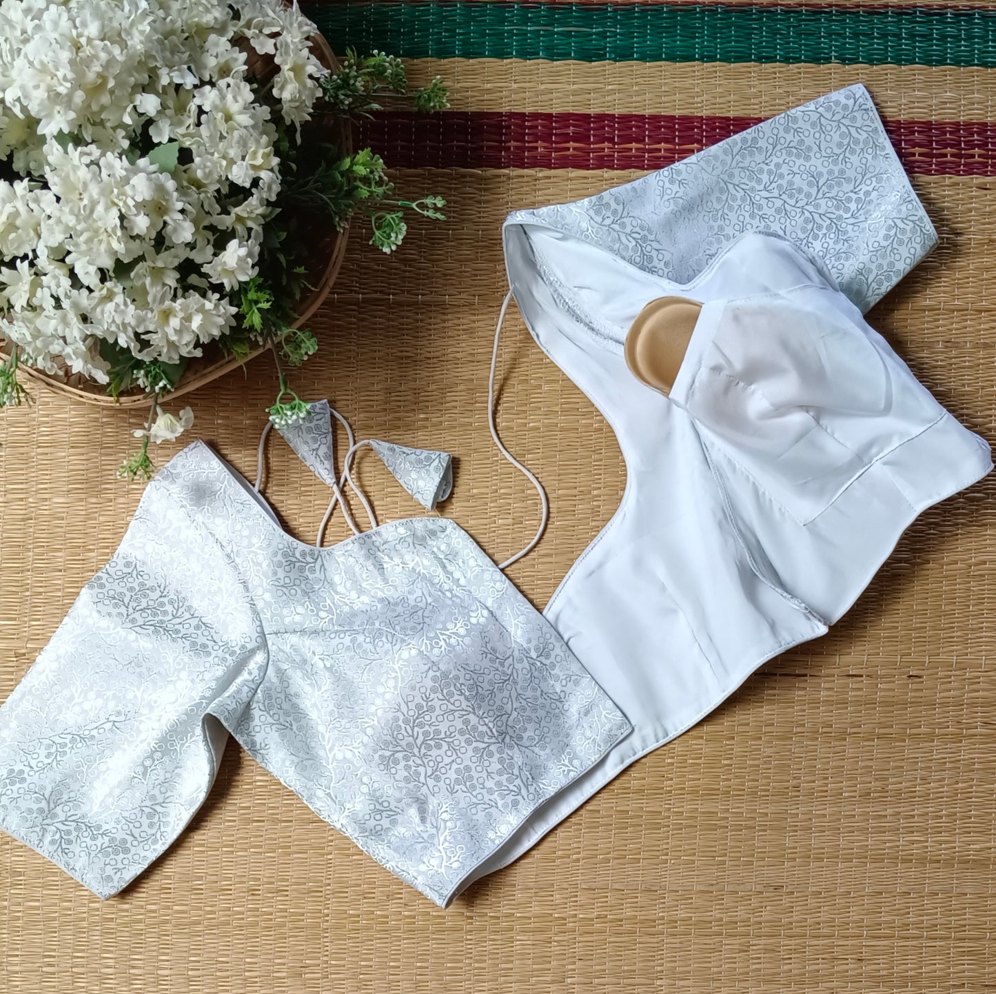 Silver Sweetheart Neck Brocade Blouse