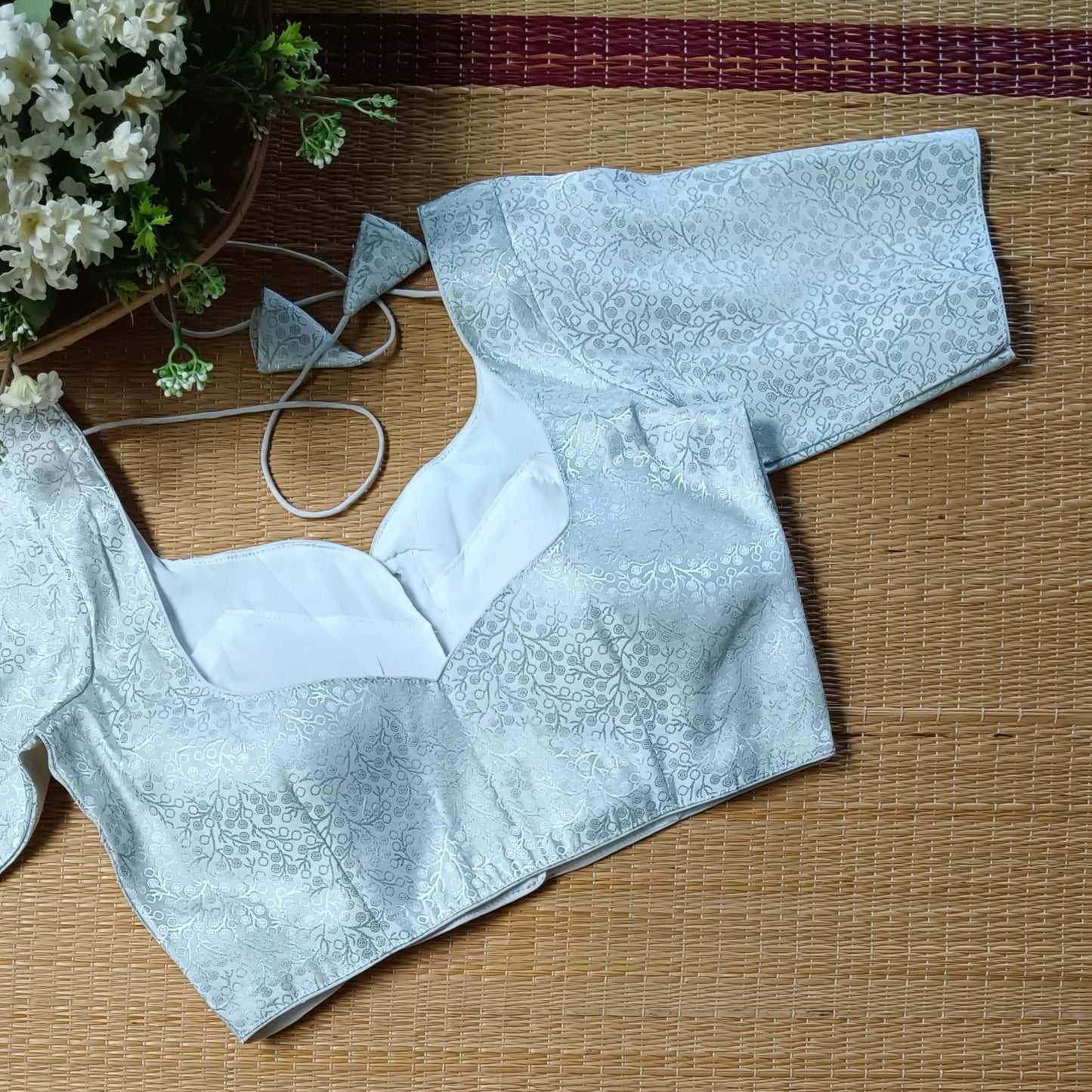 Silver Sweetheart Neck Brocade Blouse