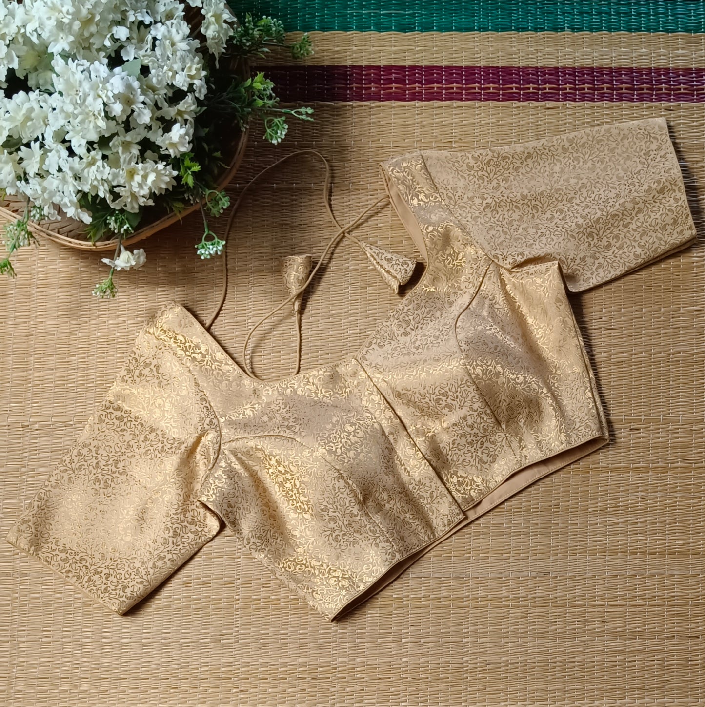 Golden Sweetheart Neck Brocade Blouse