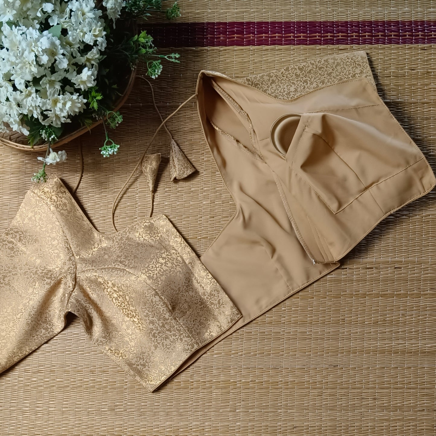 Golden Sweetheart Neck Brocade Blouse