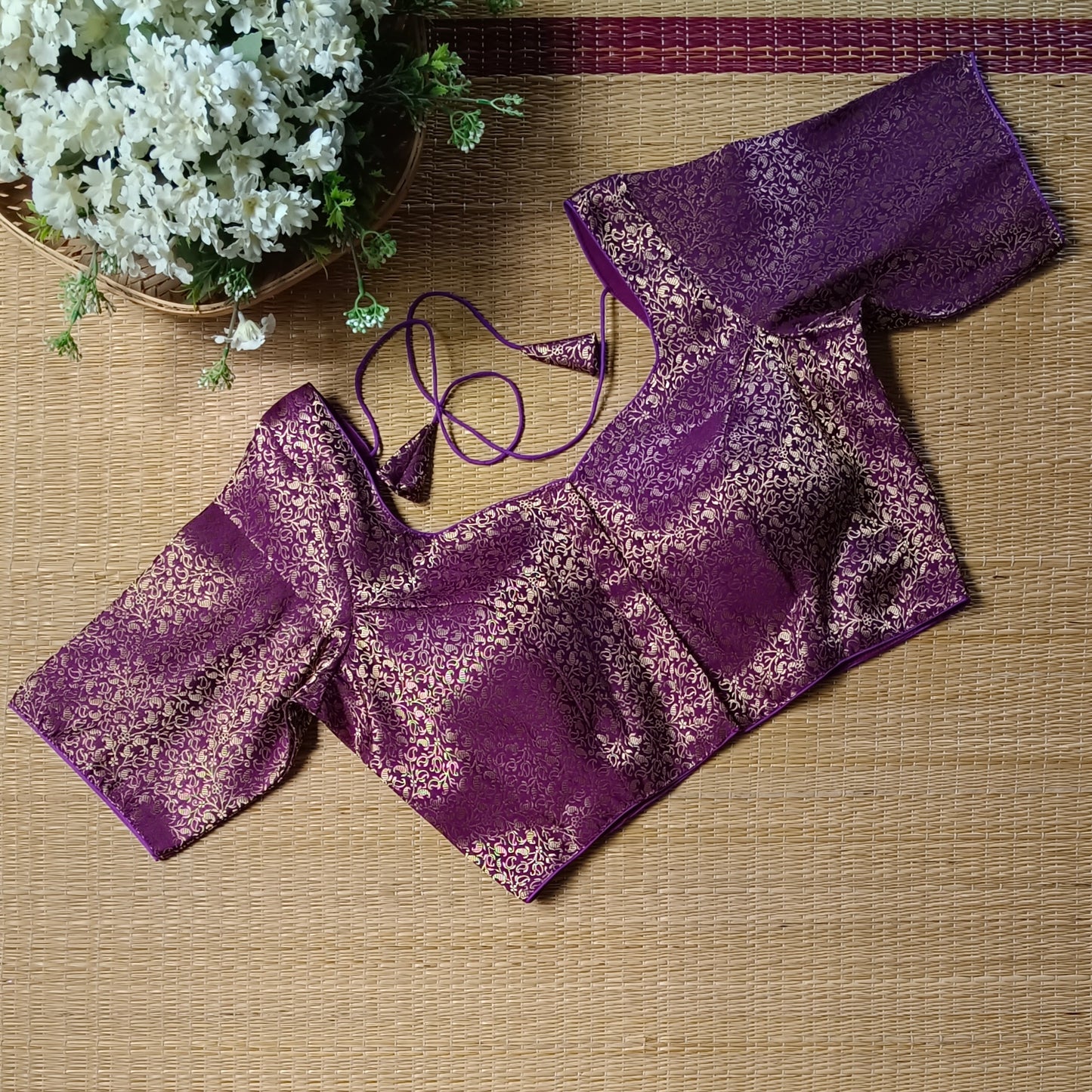 Wine Sweetheart Neck Brocade Blouse