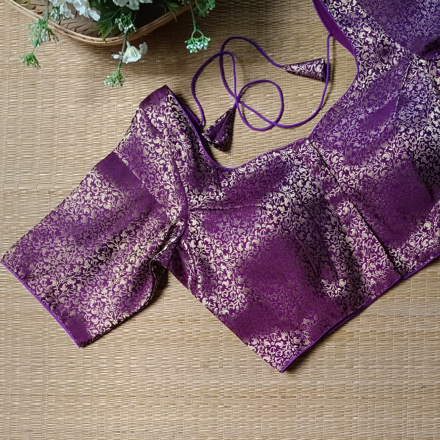 Wine Sweetheart Neck Brocade Blouse