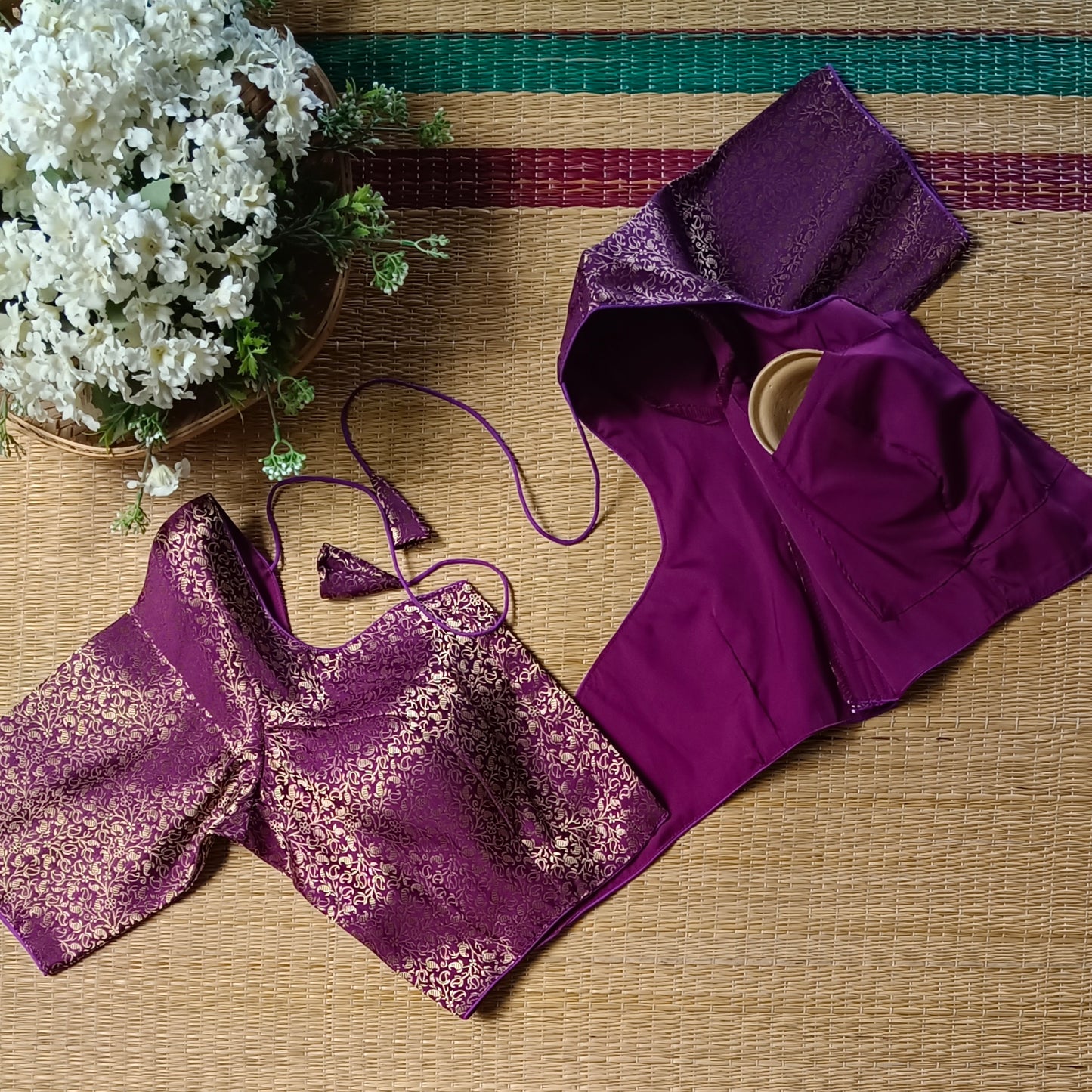 Wine Sweetheart Neck Brocade Blouse