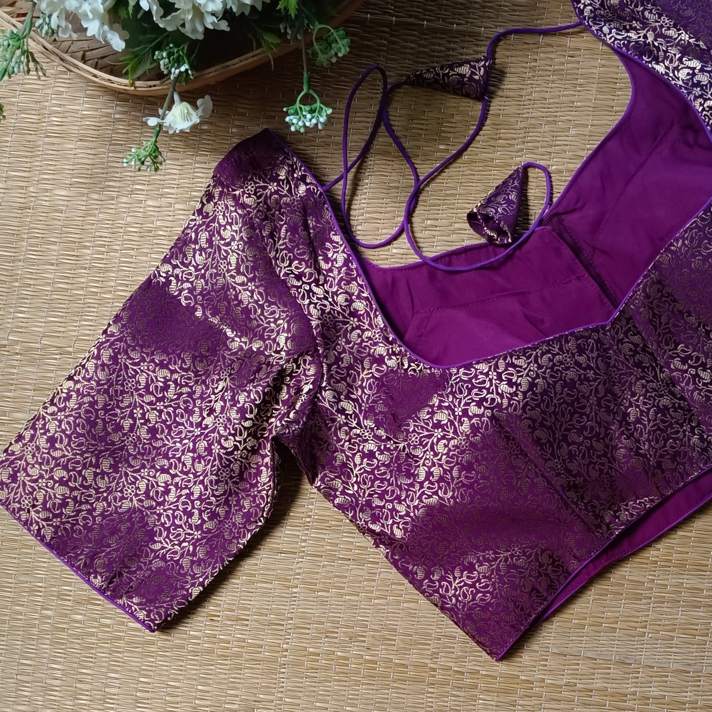 Wine Sweetheart Neck Brocade Blouse