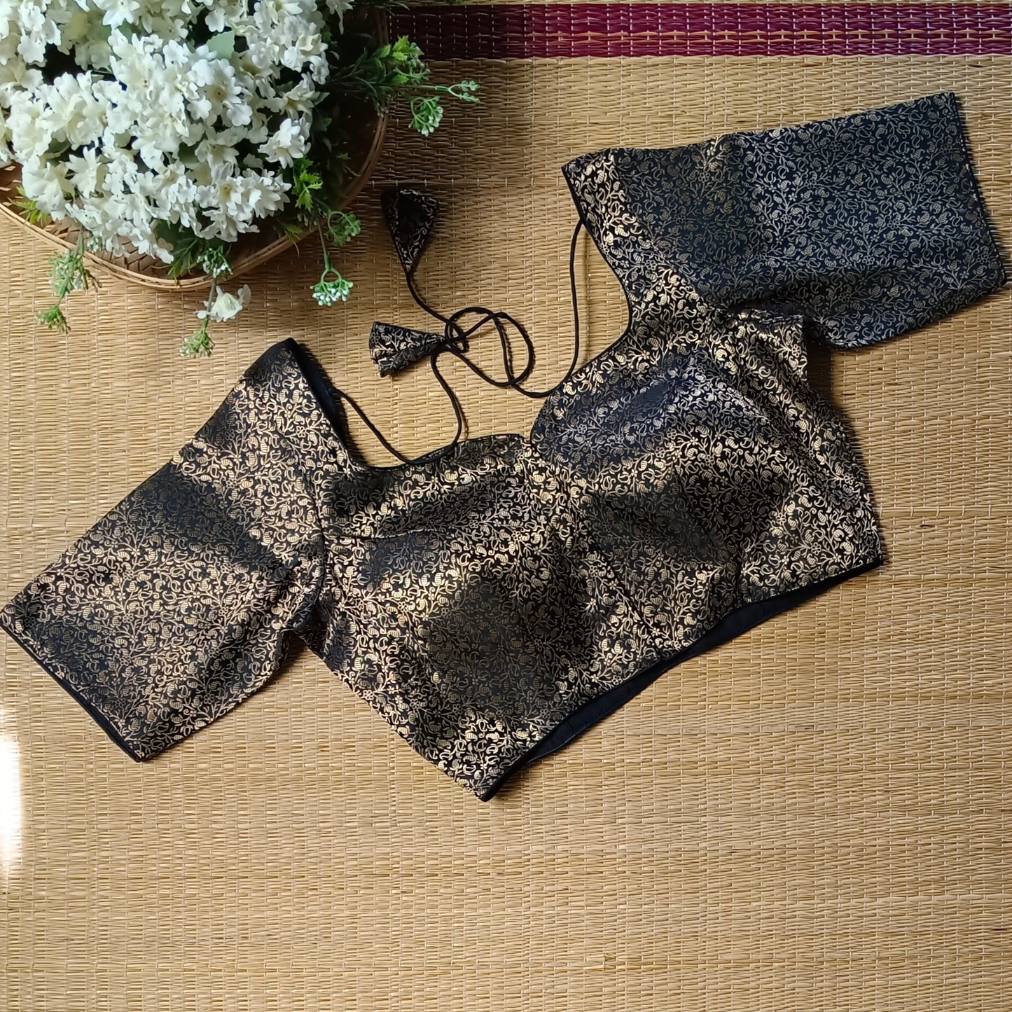 Black Sweetheart Neck Brocade Blouse