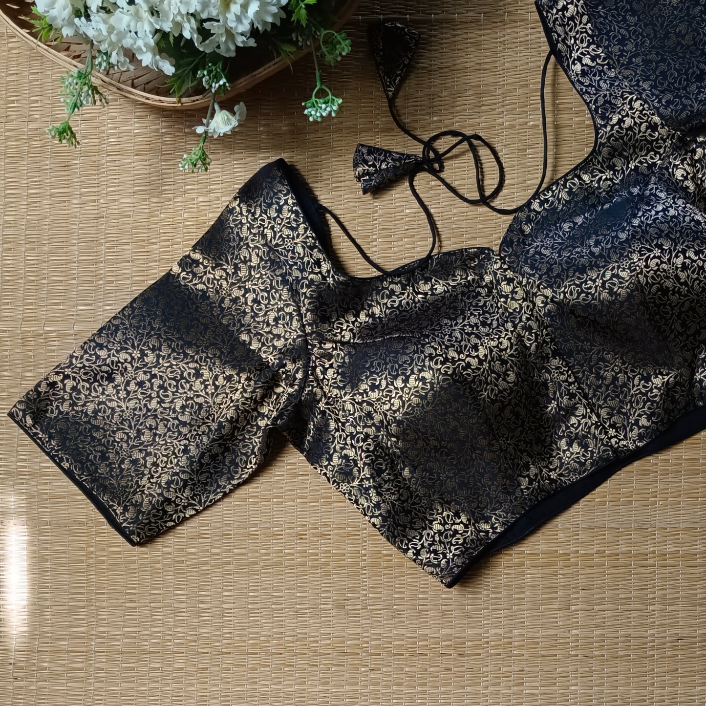 Black Sweetheart Neck Brocade Blouse
