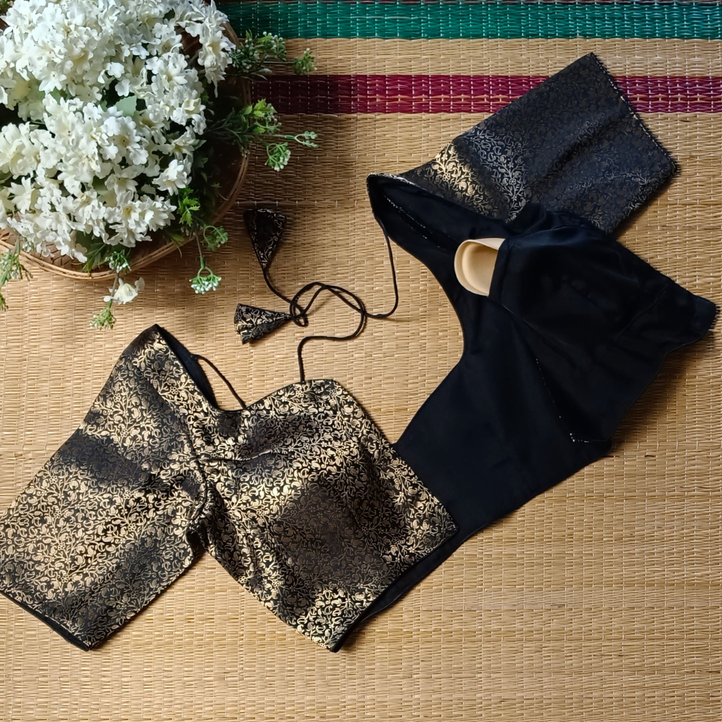 Black Sweetheart Neck Brocade Blouse