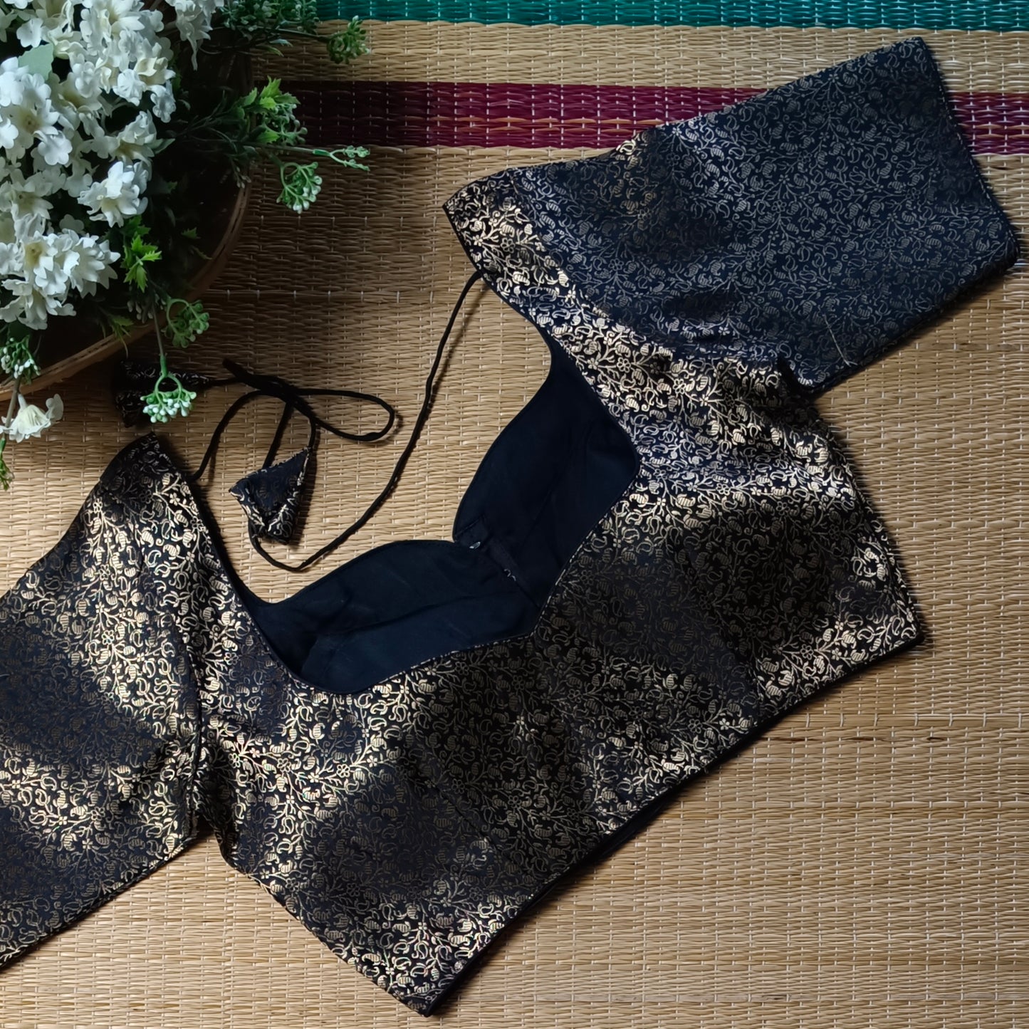 Black Sweetheart Neck Brocade Blouse