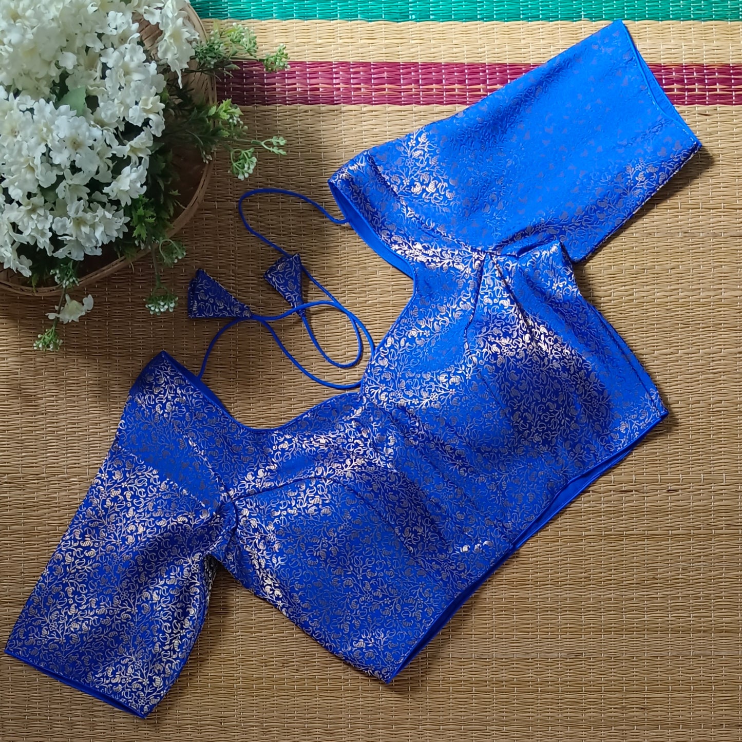 Royal Blue Sweetheart Neck Brocade Blouse