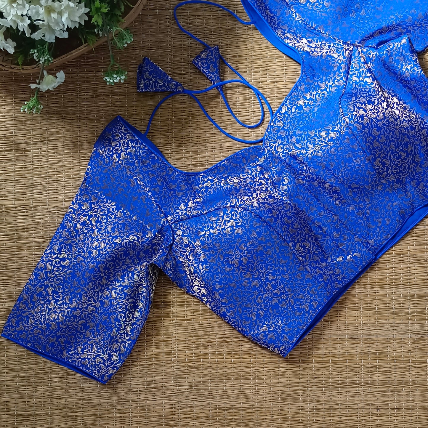 Royal Blue Sweetheart Neck Brocade Blouse