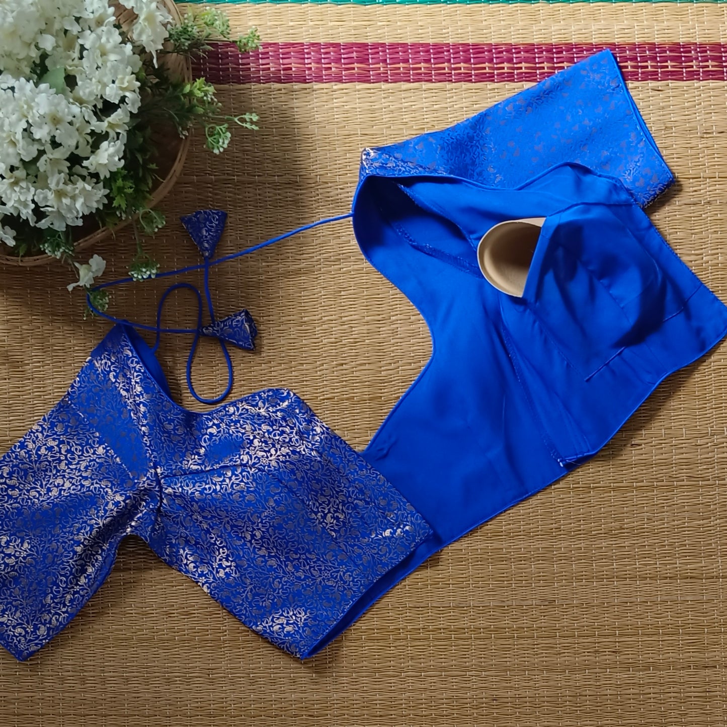 Royal Blue Sweetheart Neck Brocade Blouse