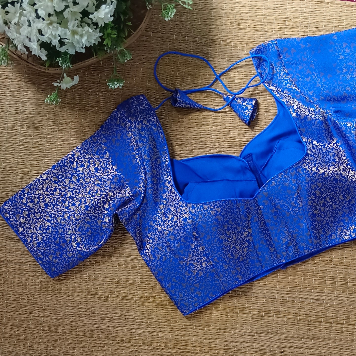 Royal Blue Sweetheart Neck Brocade Blouse