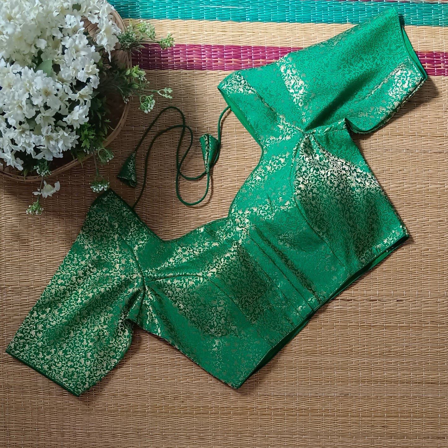 Light Green Sweetheart Neck Brocade Blouse