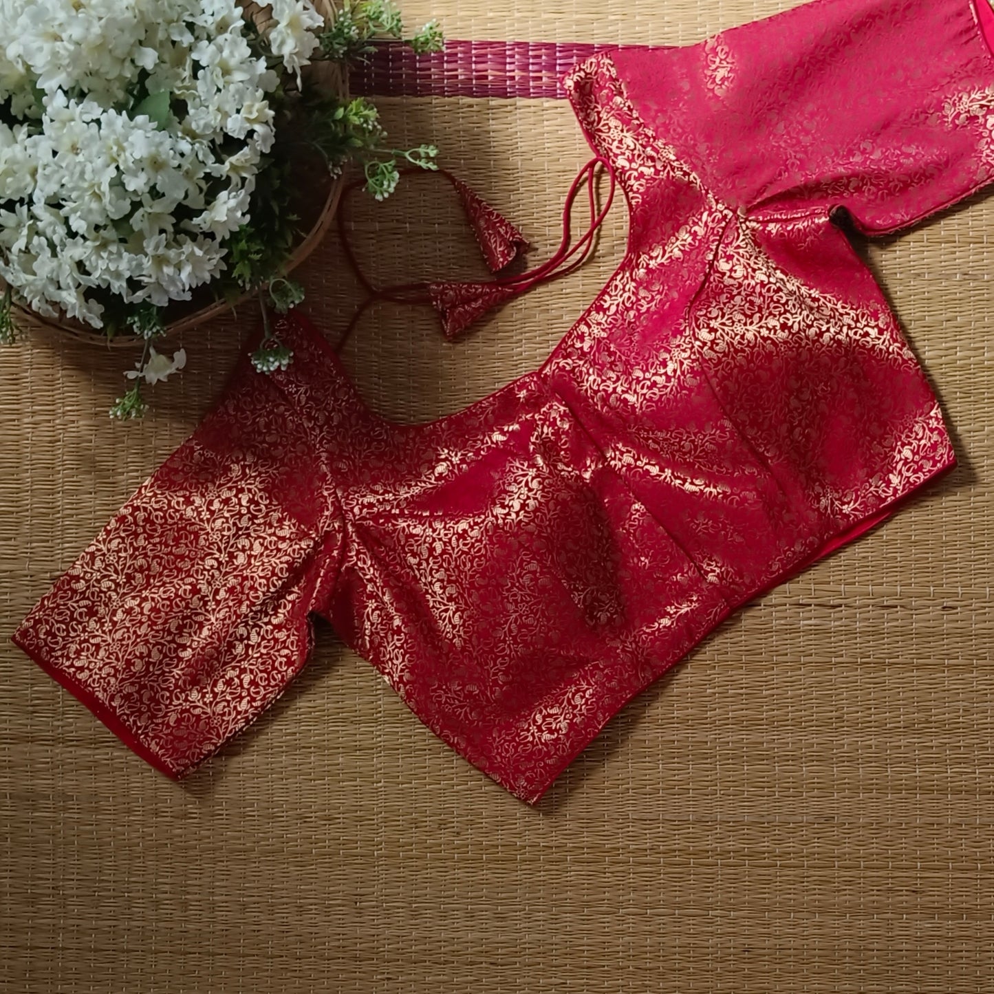 Cherry Red Sweetheart Neck Brocade Blouse