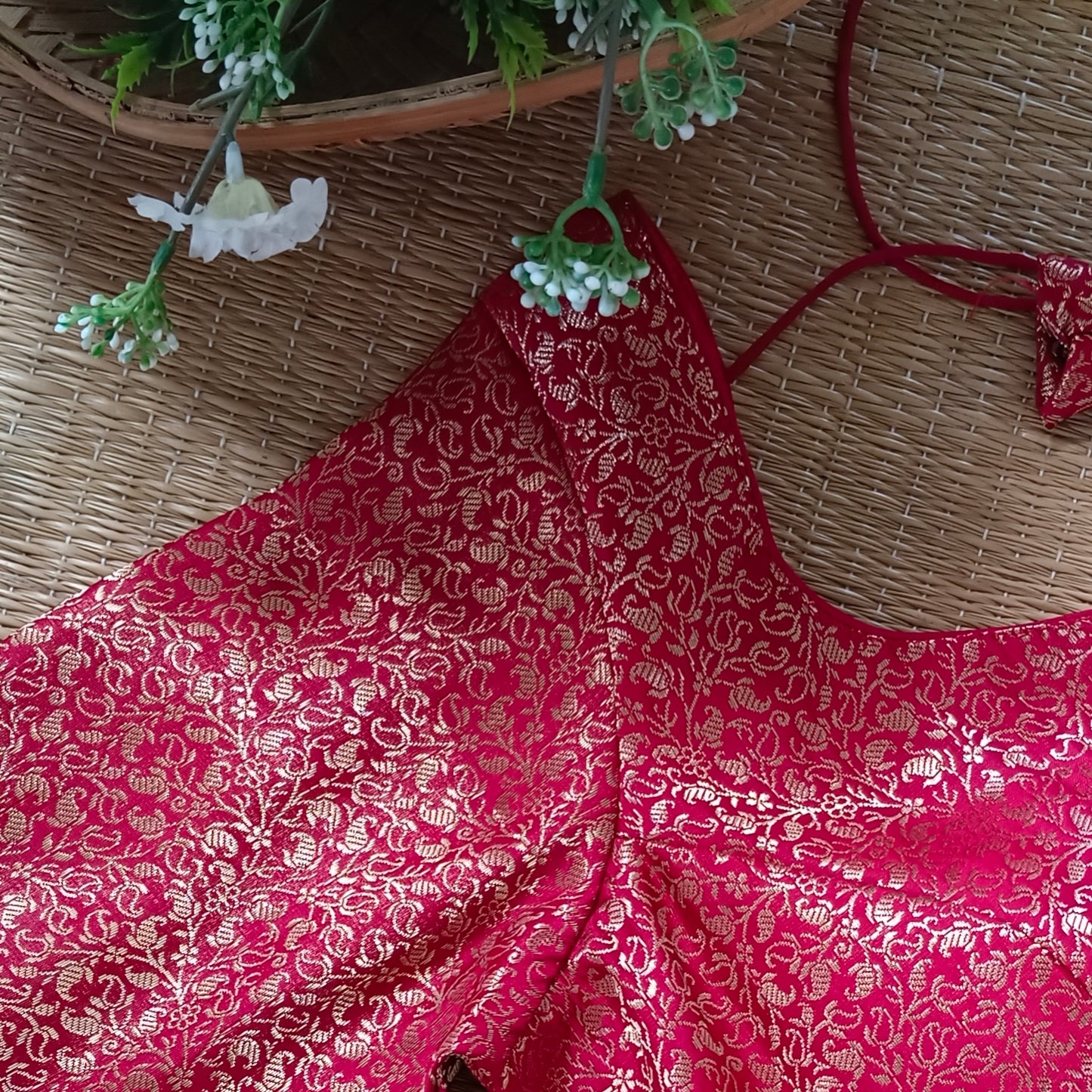 Cherry Red Sweetheart Neck Brocade Blouse