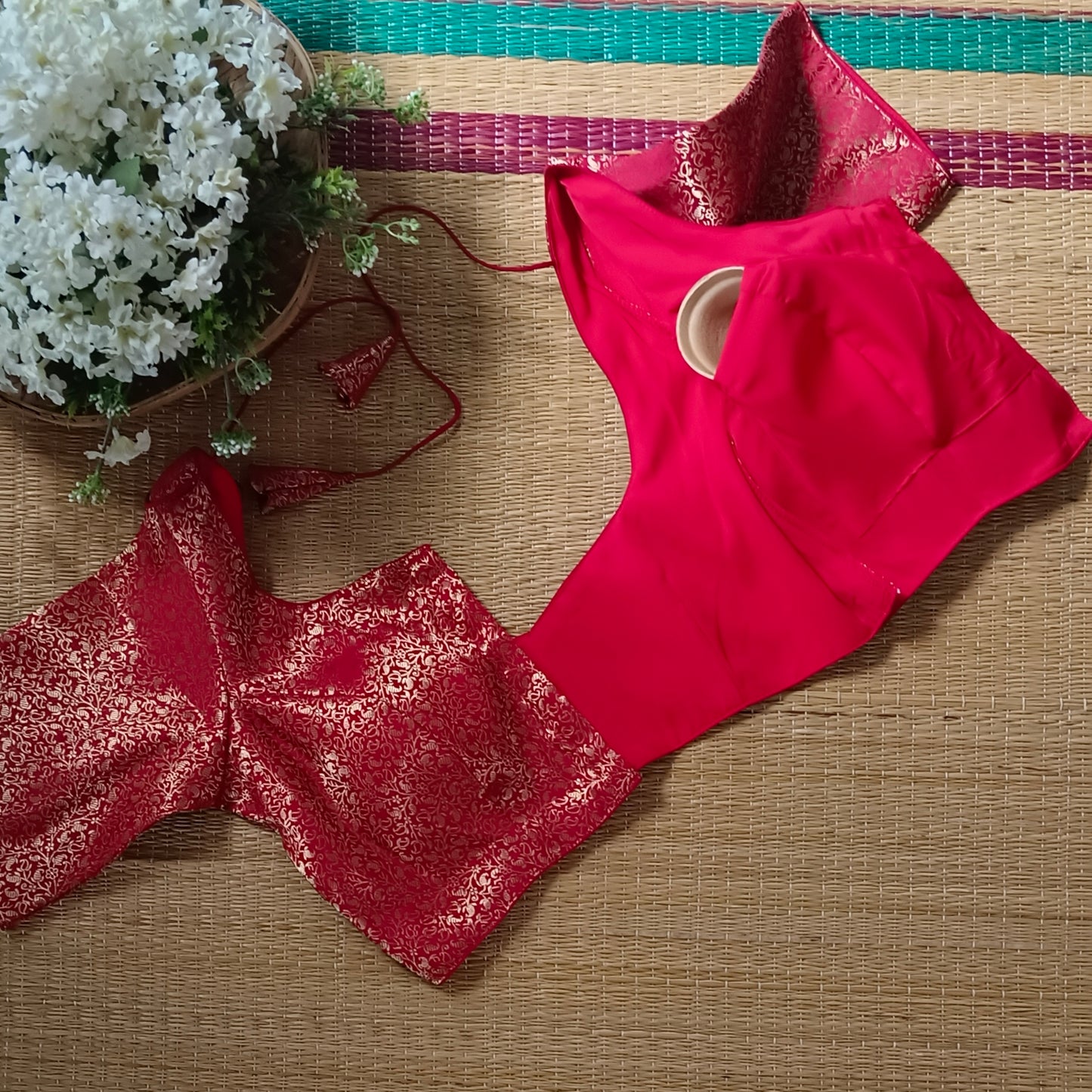 Cherry Red Sweetheart Neck Brocade Blouse