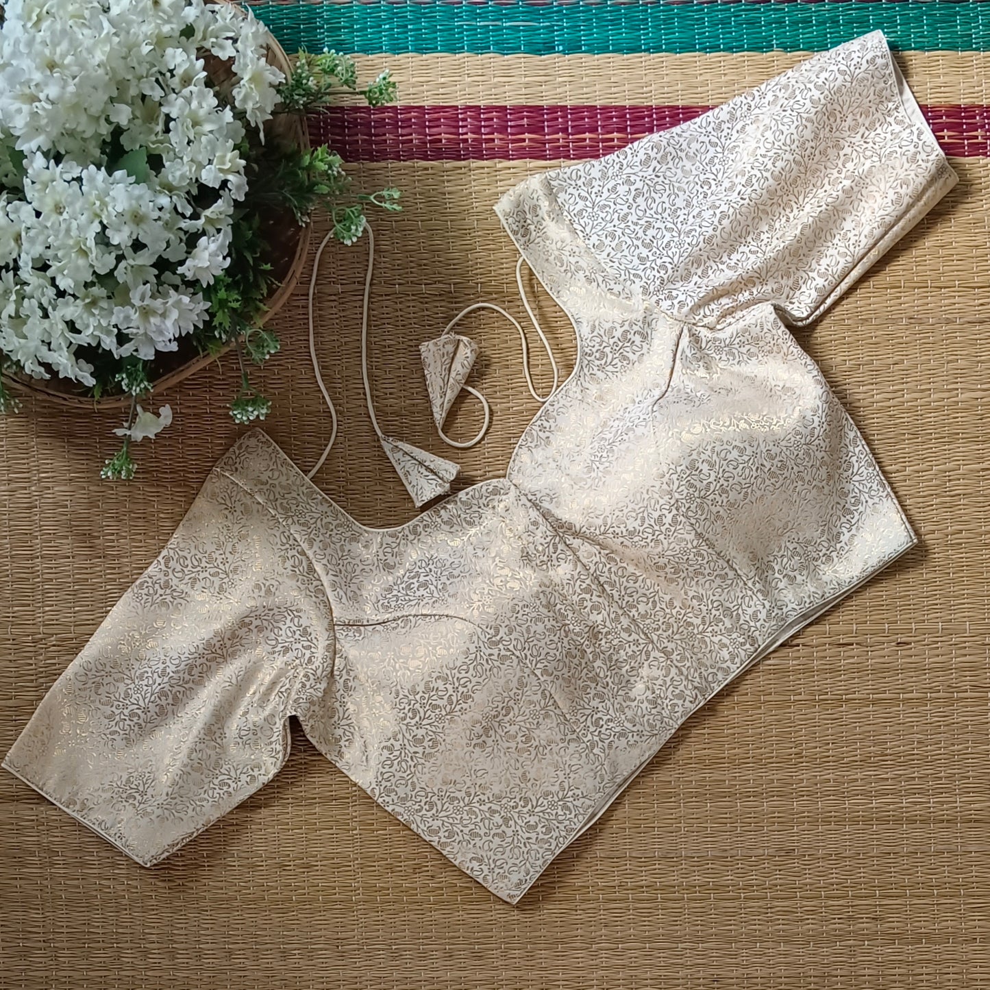 Cream Sweetheart Neck Brocade Blouse