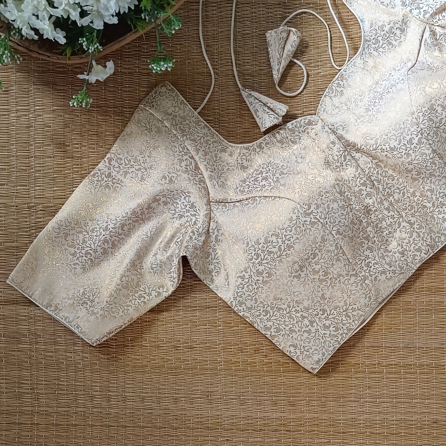 Cream Sweetheart Neck Brocade Blouse