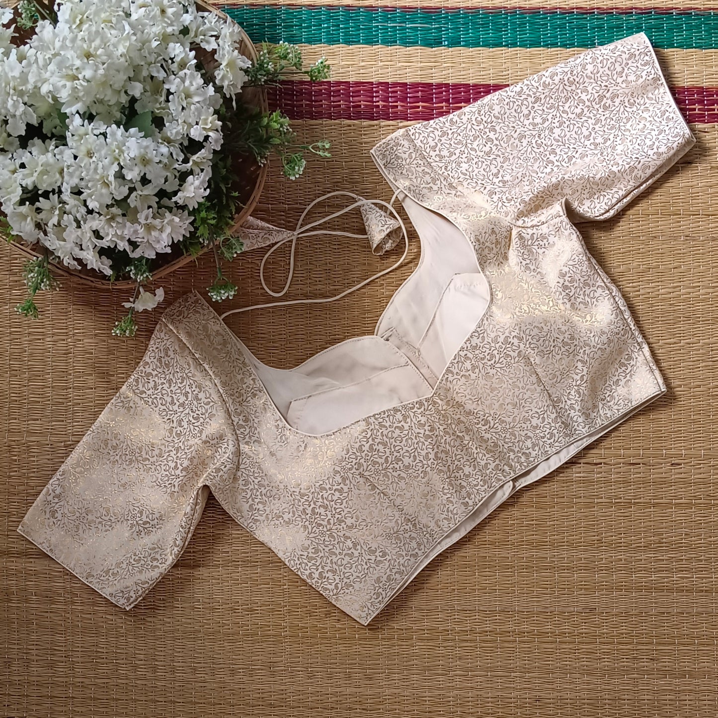 Cream Sweetheart Neck Brocade Blouse