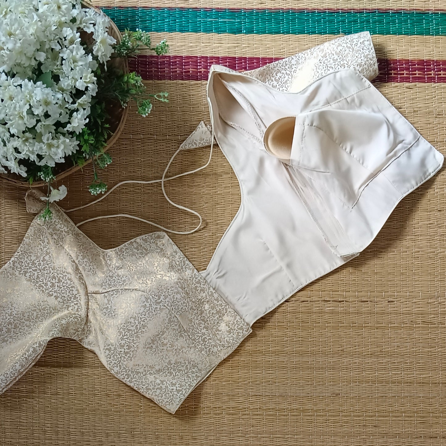 Cream Sweetheart Neck Brocade Blouse