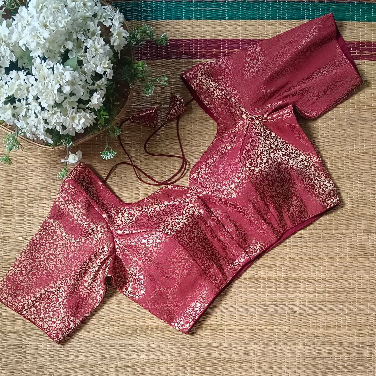 Maroon Sweetheart Neck Brocade Blouse