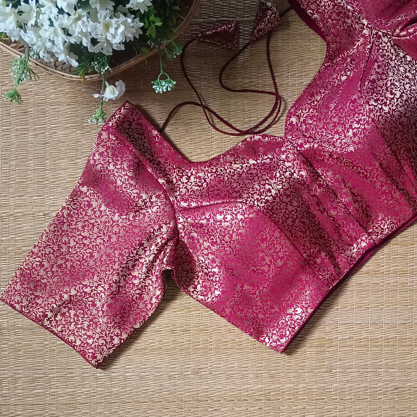 Maroon Sweetheart Neck Brocade Blouse