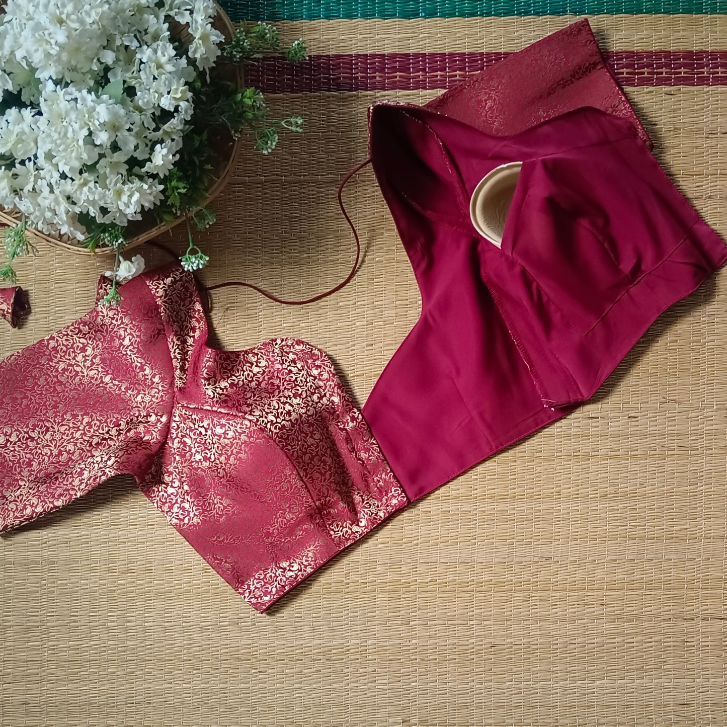 Maroon Sweetheart Neck Brocade Blouse