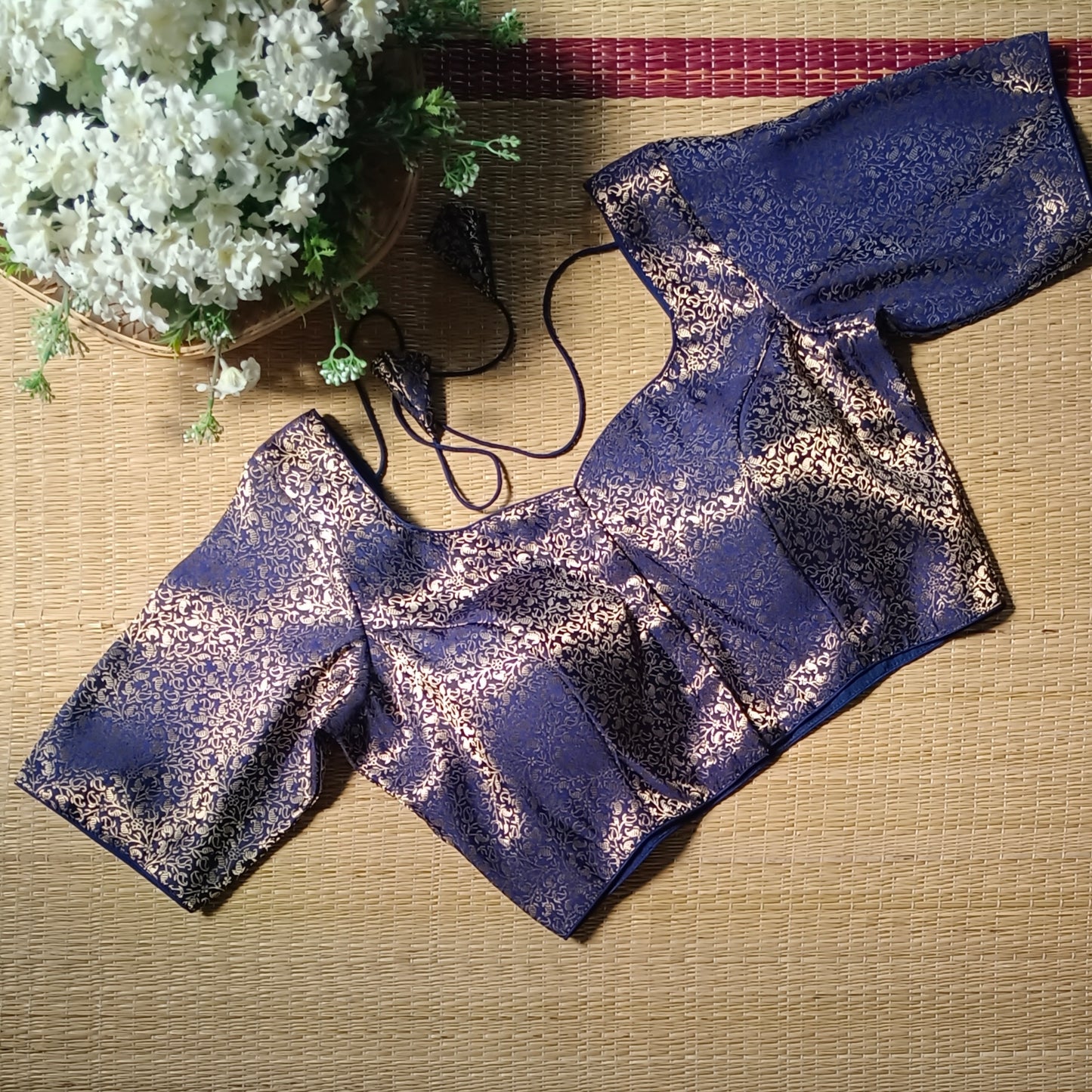 Navy Blue Sweetheart Neck Brocade Blouse