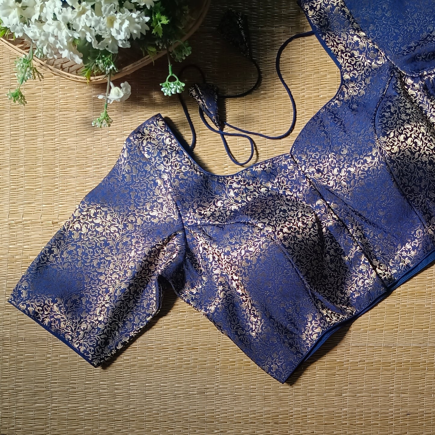 Navy Blue Sweetheart Neck Brocade Blouse