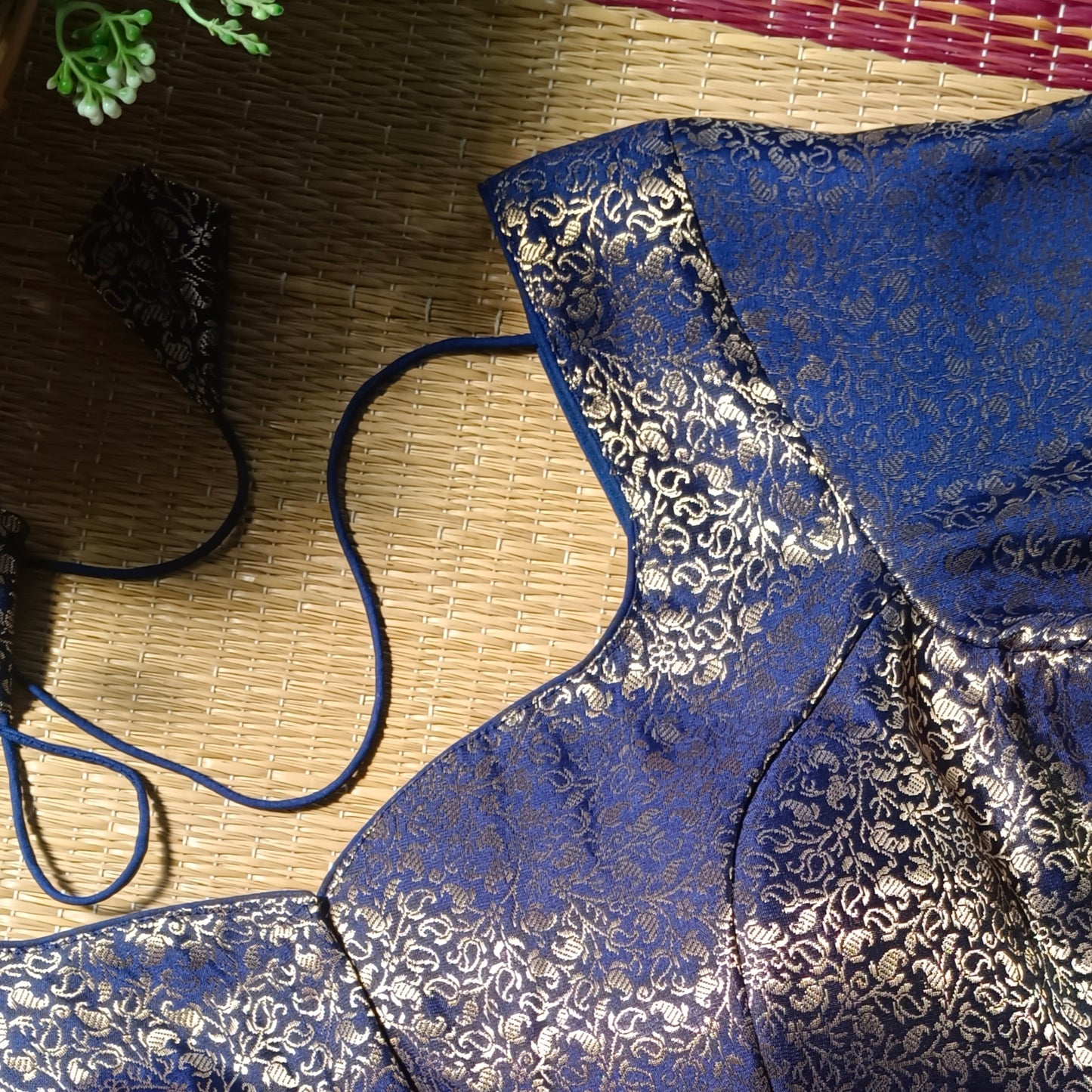 Navy Blue Sweetheart Neck Brocade Blouse