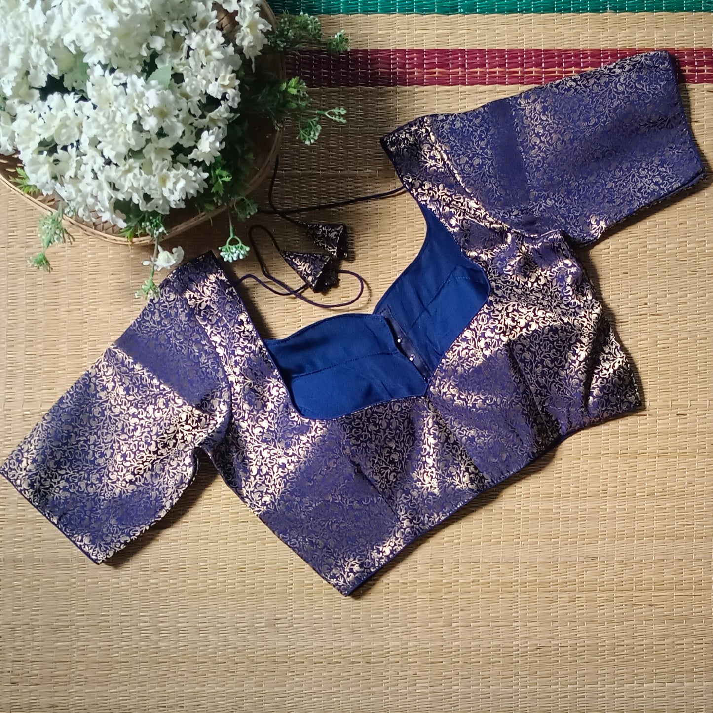 Navy Blue Sweetheart Neck Brocade Blouse